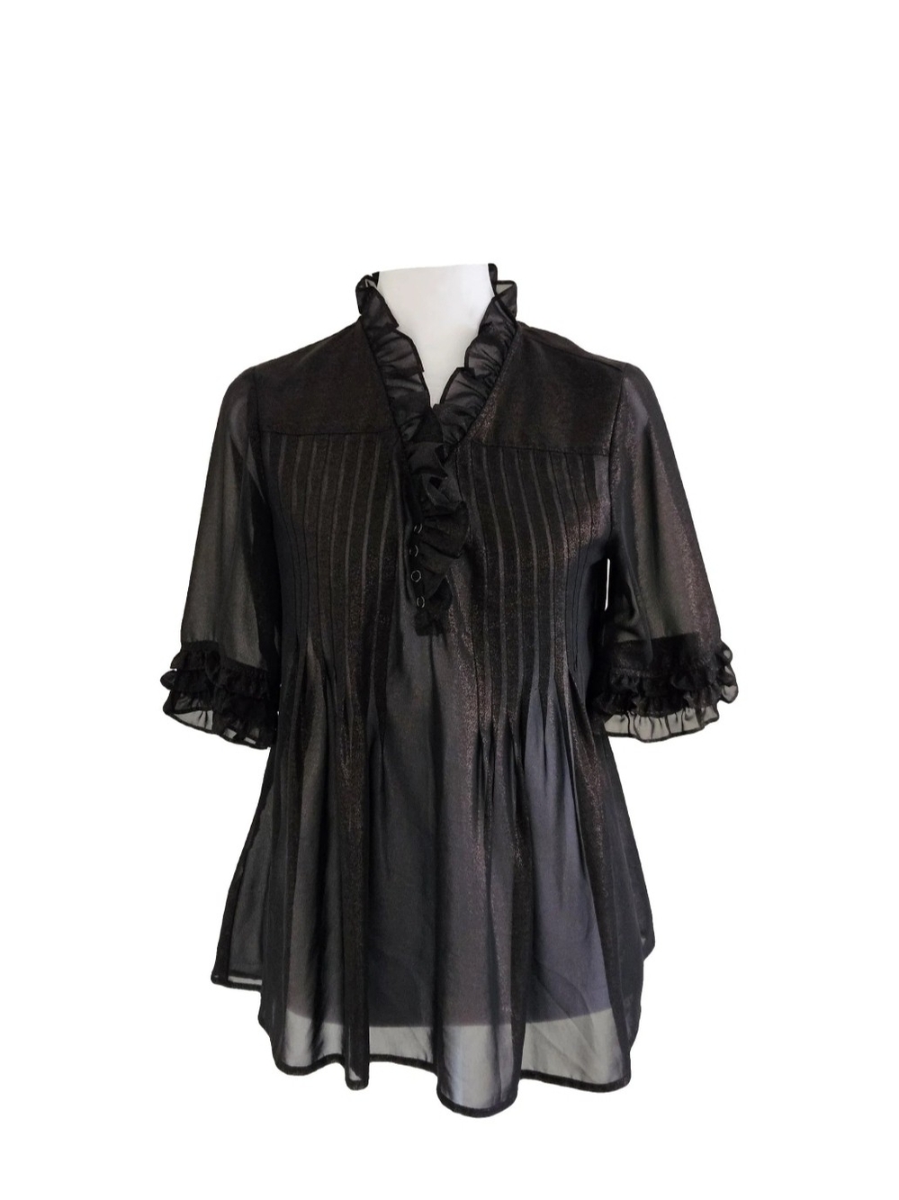 Dkny Black Sheer Ruffle V-Neck Blouse